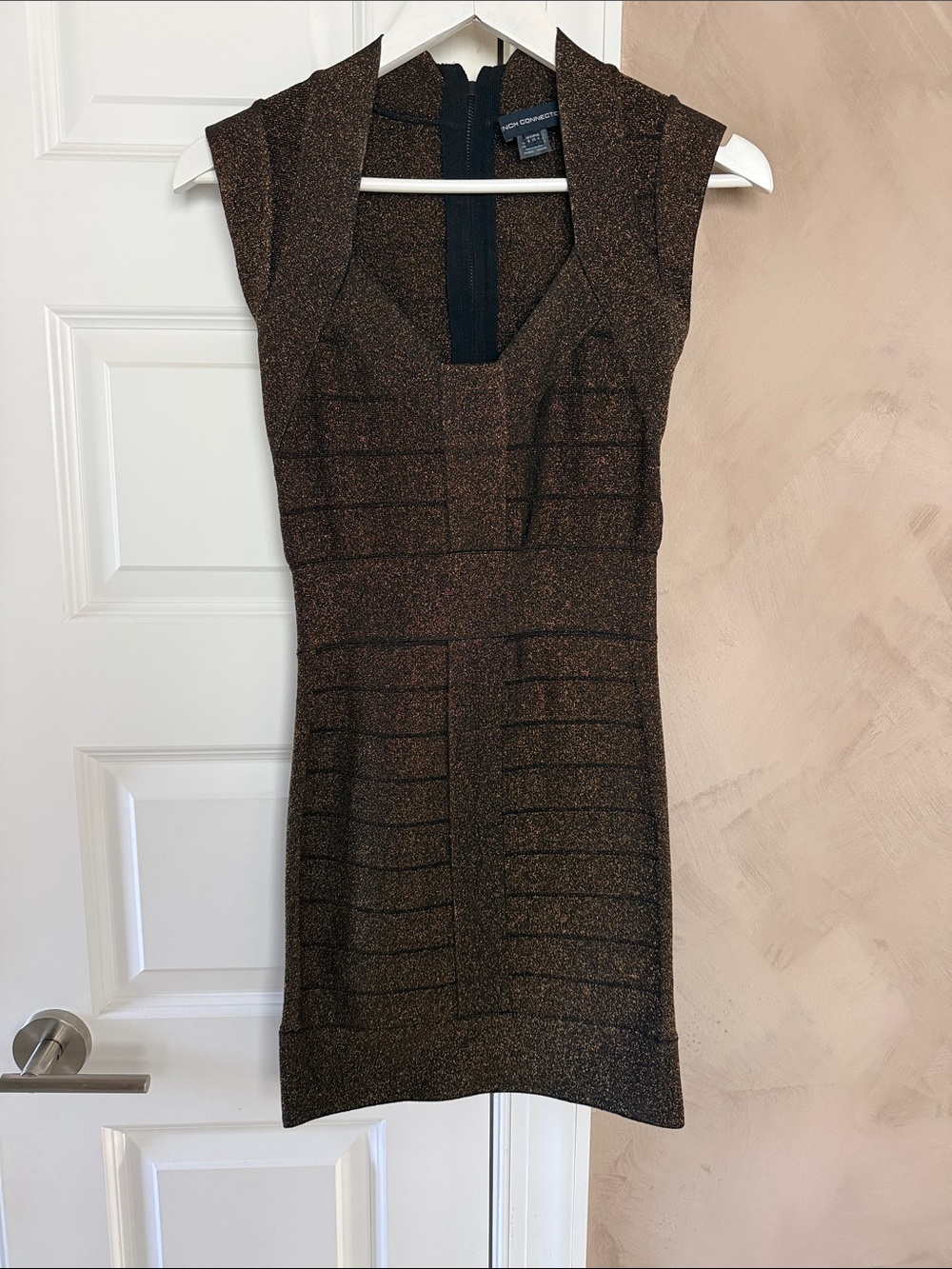 BCBGMaxAzria Bronze Metallic Cap-Sleeve Bodycon Mini Dress
